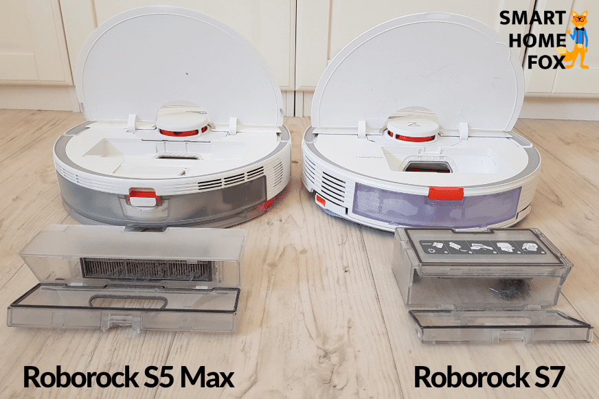 The two dust bins of Roborock S7 and S5 Max side by side on the floor
